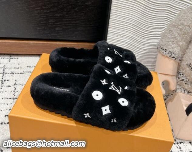 Low Price Louis Vuitton Wool Flat Slides Sandal Black 1114054