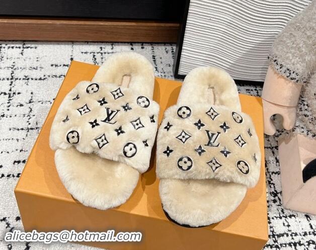 Good Looking Louis Vuitton Wool Flat Slides Sandal Beige 1114056