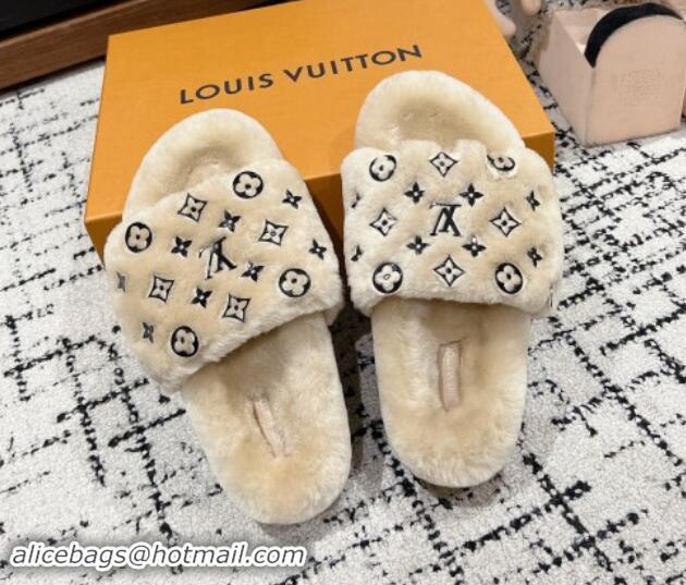 Good Looking Louis Vuitton Wool Flat Slides Sandal Beige 1114056