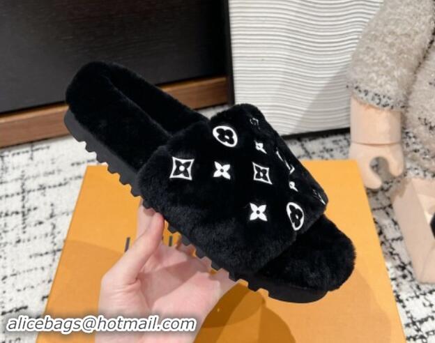 Purchase Louis Vuitton Wool Flat Slides Sandal Black 1114057