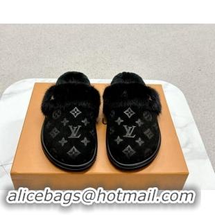 Classic Hot Louis Vuitton LV Cosy Flat Comfort Mules in Suede and Wool Black 1114058