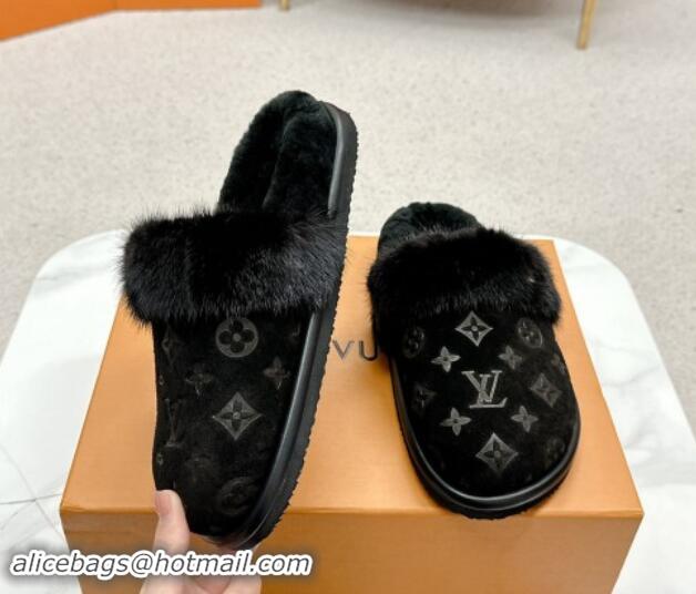 Classic Hot Louis Vuitton LV Cosy Flat Comfort Mules in Suede and Wool Black 1114058