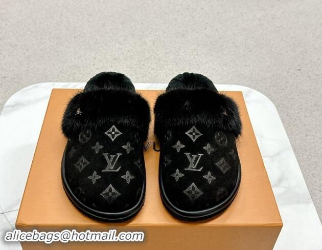 Classic Hot Louis Vuitton LV Cosy Flat Comfort Mules in Suede and Wool Black 1114058