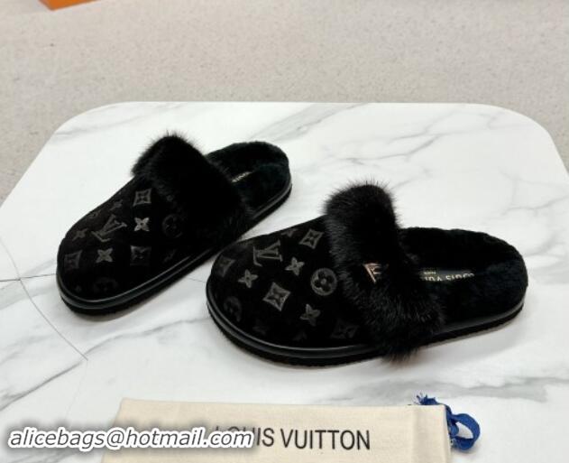 Classic Hot Louis Vuitton LV Cosy Flat Comfort Mules in Suede and Wool Black 1114058