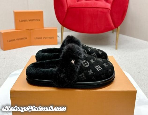 Classic Hot Louis Vuitton LV Cosy Flat Comfort Mules in Suede and Wool Black 1114058