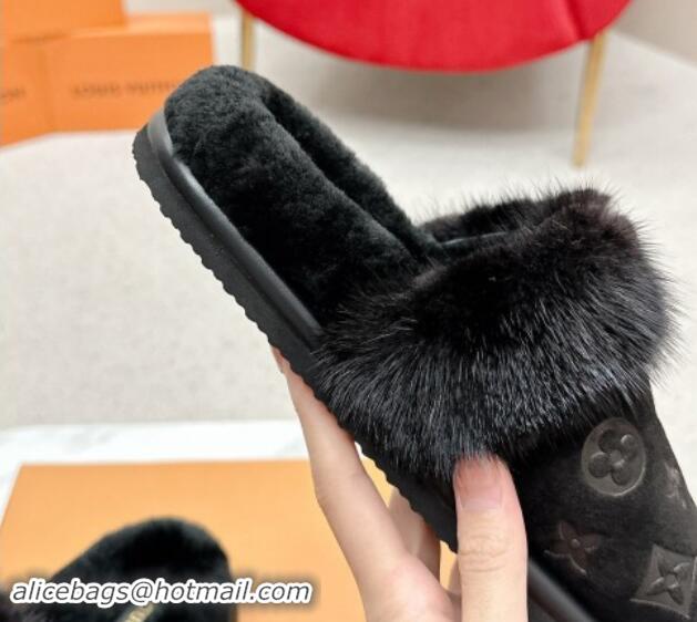 Classic Hot Louis Vuitton LV Cosy Flat Comfort Mules in Suede and Wool Black 1114058