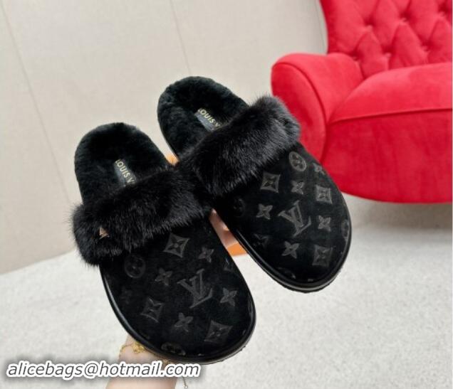 Classic Hot Louis Vuitton LV Cosy Flat Comfort Mules in Suede and Wool Black 1114058