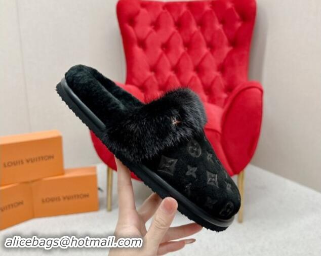 Classic Hot Louis Vuitton LV Cosy Flat Comfort Mules in Suede and Wool Black 1114058