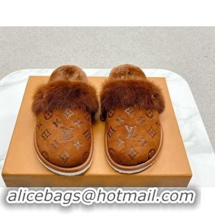 Best Product Louis Vuitton LV Cosy Flat Comfort Mules in Suede and Wool Brown 1114060