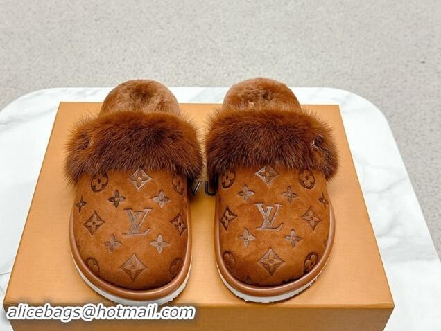 Best Product Louis Vuitton LV Cosy Flat Comfort Mules in Suede and Wool Brown 1114060