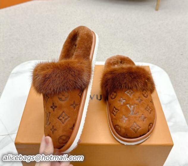 Best Product Louis Vuitton LV Cosy Flat Comfort Mules in Suede and Wool Brown 1114060