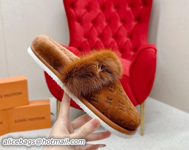 Best Product Louis Vuitton LV Cosy Flat Comfort Mules in Suede and Wool Brown 1114060