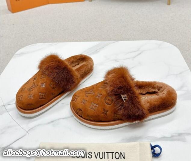 Best Product Louis Vuitton LV Cosy Flat Comfort Mules in Suede and Wool Brown 1114060