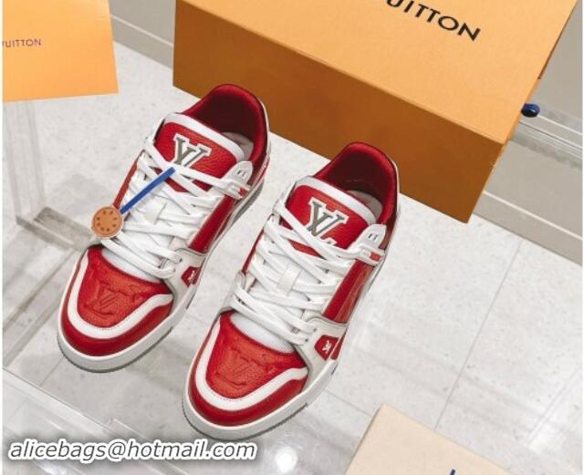 Durable Louis Vuitton LV Trainer Sneakers in Grained Leather Red 1114065