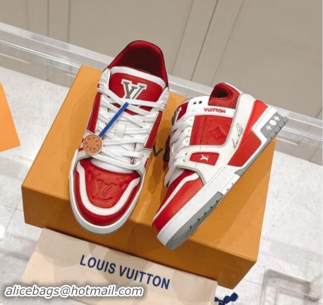 Durable Louis Vuitton LV Trainer Sneakers in Grained Leather Red 1114065