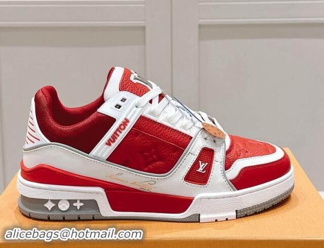 Durable Louis Vuitton LV Trainer Sneakers in Grained Leather Red 1114065