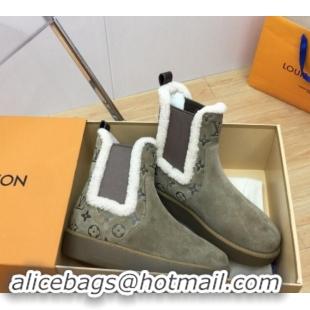 Good Quality Louis Vuitton Aspen Chelsea Ankle Boots in Monogram Suede and Shearling Wool 1ADC7D Green 1114073