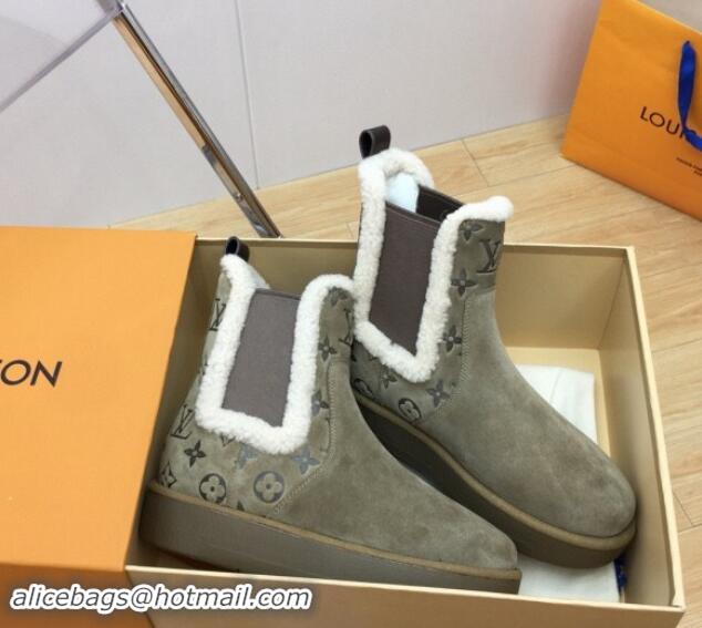 Good Quality Louis Vuitton Aspen Chelsea Ankle Boots in Monogram Suede and Shearling Wool 1ADC7D Green 1114073