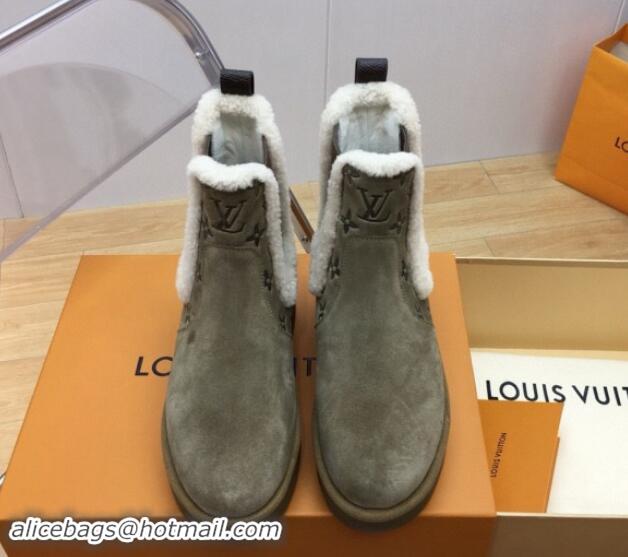 Good Quality Louis Vuitton Aspen Chelsea Ankle Boots in Monogram Suede and Shearling Wool 1ADC7D Green 1114073