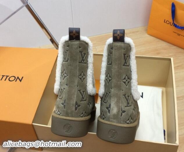 Good Quality Louis Vuitton Aspen Chelsea Ankle Boots in Monogram Suede and Shearling Wool 1ADC7D Green 1114073