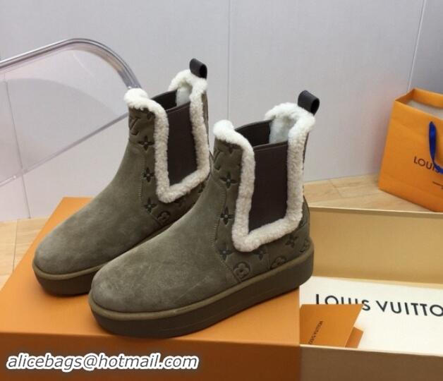 Good Quality Louis Vuitton Aspen Chelsea Ankle Boots in Monogram Suede and Shearling Wool 1ADC7D Green 1114073