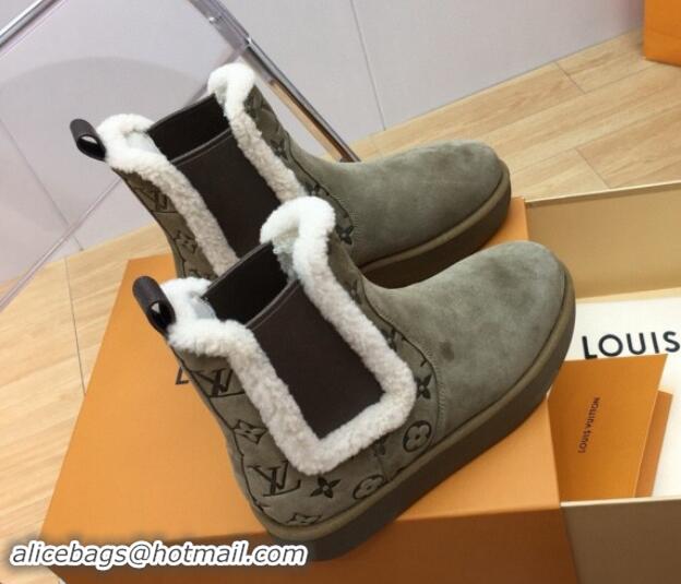 Good Quality Louis Vuitton Aspen Chelsea Ankle Boots in Monogram Suede and Shearling Wool 1ADC7D Green 1114073