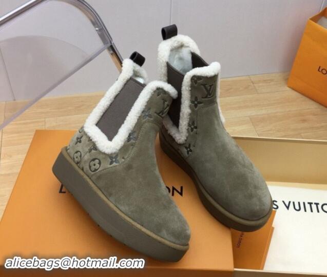 Good Quality Louis Vuitton Aspen Chelsea Ankle Boots in Monogram Suede and Shearling Wool 1ADC7D Green 1114073