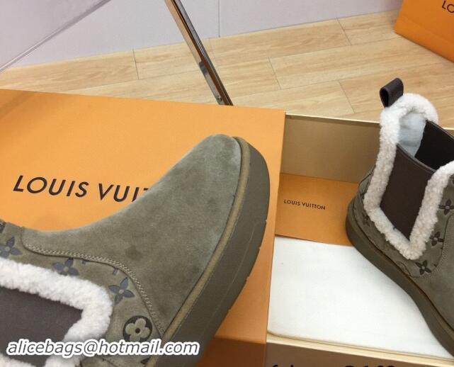 Good Quality Louis Vuitton Aspen Chelsea Ankle Boots in Monogram Suede and Shearling Wool 1ADC7D Green 1114073