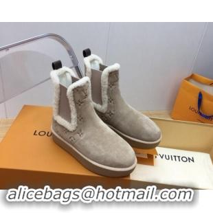 Fashion Louis Vuitton Aspen Chelsea Ankle Boots in Monogram Suede and Shearling Wool 1ADC7D Beige 1114074