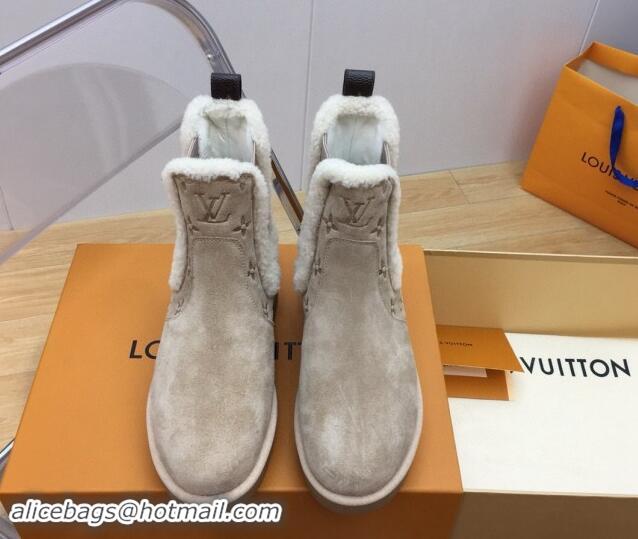 Fashion Louis Vuitton Aspen Chelsea Ankle Boots in Monogram Suede and Shearling Wool 1ADC7D Beige 1114074