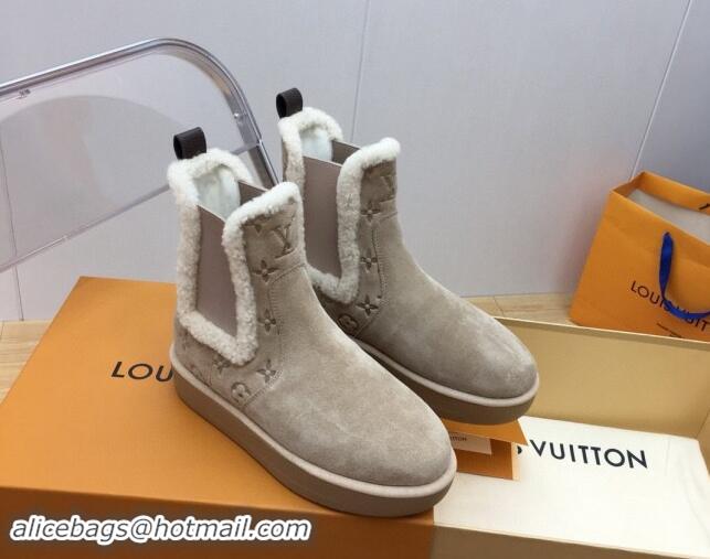 Fashion Louis Vuitton Aspen Chelsea Ankle Boots in Monogram Suede and Shearling Wool 1ADC7D Beige 1114074