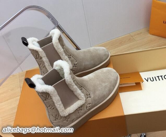 Fashion Louis Vuitton Aspen Chelsea Ankle Boots in Monogram Suede and Shearling Wool 1ADC7D Beige 1114074