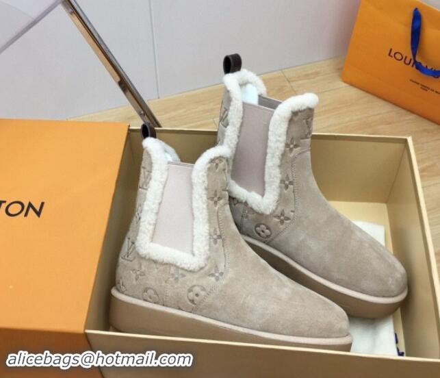 Fashion Louis Vuitton Aspen Chelsea Ankle Boots in Monogram Suede and Shearling Wool 1ADC7D Beige 1114074