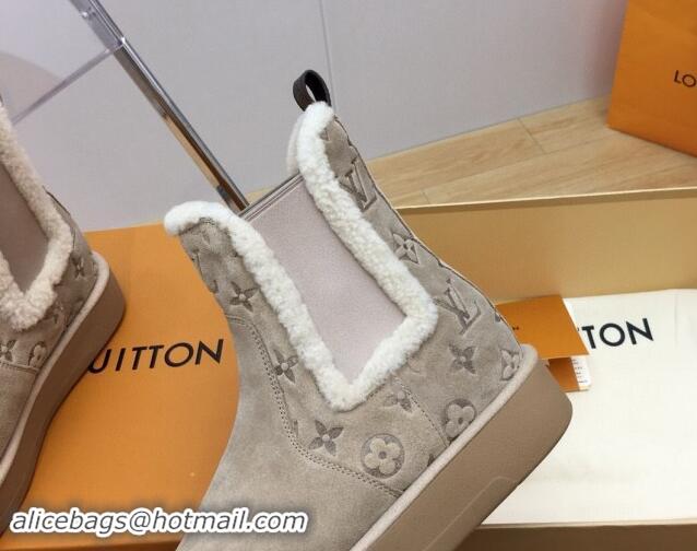 Fashion Louis Vuitton Aspen Chelsea Ankle Boots in Monogram Suede and Shearling Wool 1ADC7D Beige 1114074