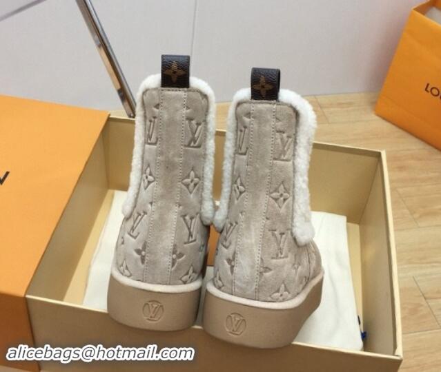 Fashion Louis Vuitton Aspen Chelsea Ankle Boots in Monogram Suede and Shearling Wool 1ADC7D Beige 1114074