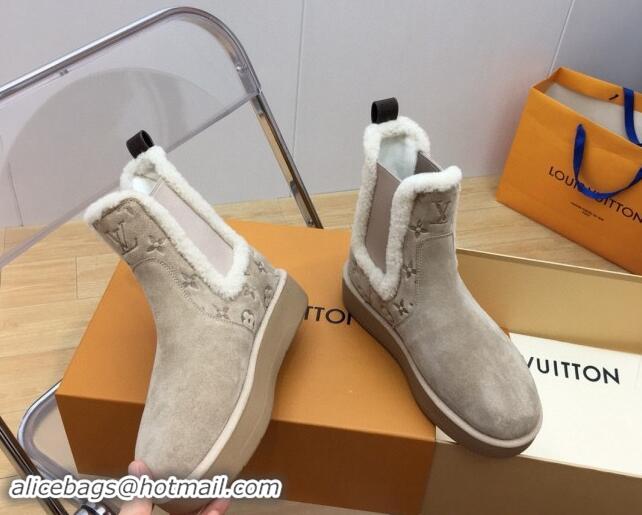 Fashion Louis Vuitton Aspen Chelsea Ankle Boots in Monogram Suede and Shearling Wool 1ADC7D Beige 1114074