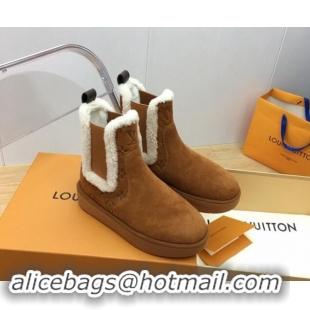 Buy Luxury Louis Vuitton Aspen Chelsea Ankle Boots in Monogram Suede and Shearling Wool 1ADC7D Brown 1114075