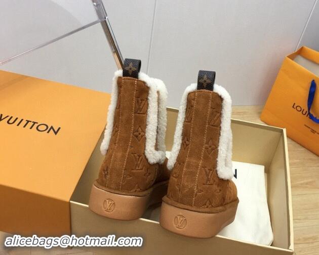 Buy Luxury Louis Vuitton Aspen Chelsea Ankle Boots in Monogram Suede and Shearling Wool 1ADC7D Brown 1114075