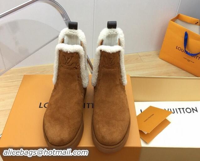 Buy Luxury Louis Vuitton Aspen Chelsea Ankle Boots in Monogram Suede and Shearling Wool 1ADC7D Brown 1114075