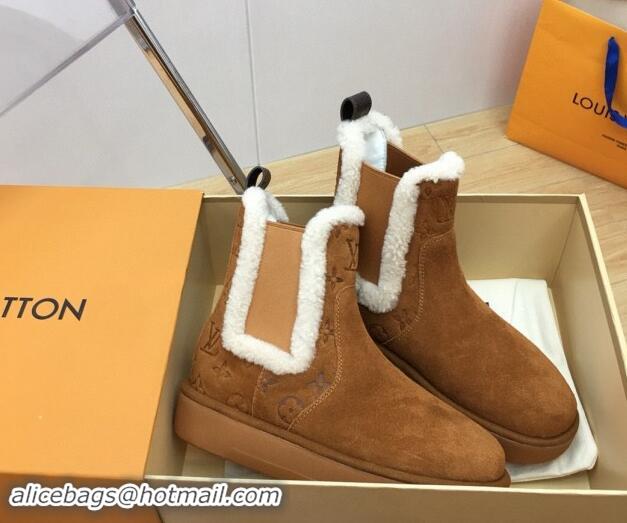 Buy Luxury Louis Vuitton Aspen Chelsea Ankle Boots in Monogram Suede and Shearling Wool 1ADC7D Brown 1114075