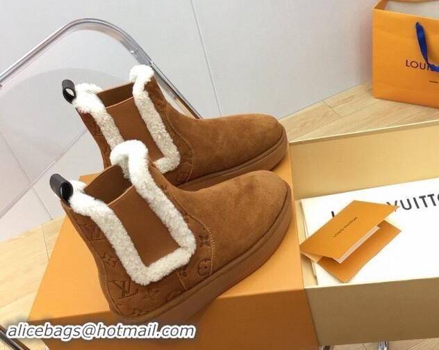 Buy Luxury Louis Vuitton Aspen Chelsea Ankle Boots in Monogram Suede and Shearling Wool 1ADC7D Brown 1114075