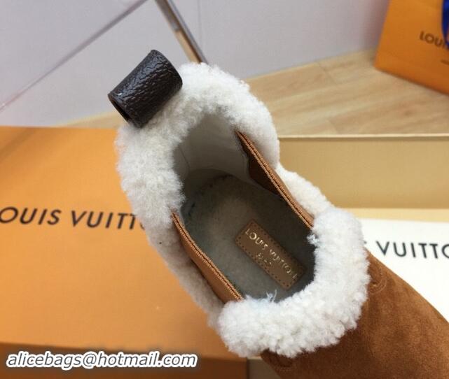 Buy Luxury Louis Vuitton Aspen Chelsea Ankle Boots in Monogram Suede and Shearling Wool 1ADC7D Brown 1114075