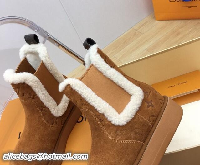 Buy Luxury Louis Vuitton Aspen Chelsea Ankle Boots in Monogram Suede and Shearling Wool 1ADC7D Brown 1114075