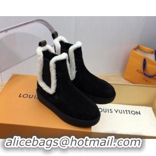 Perfect Louis Vuitton Aspen Chelsea Ankle Boots in Monogram Suede and Shearling Wool 1ADC7D Black 114076