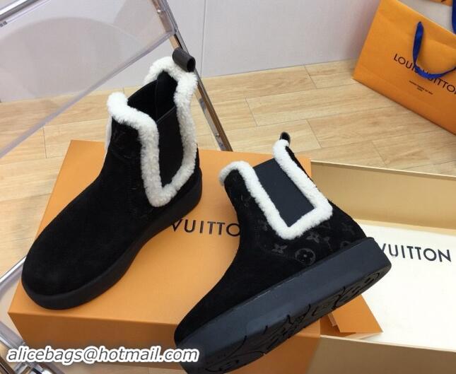 Perfect Louis Vuitton Aspen Chelsea Ankle Boots in Monogram Suede and Shearling Wool 1ADC7D Black 114076