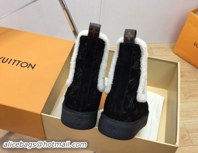 Perfect Louis Vuitton Aspen Chelsea Ankle Boots in Monogram Suede and Shearling Wool 1ADC7D Black 114076