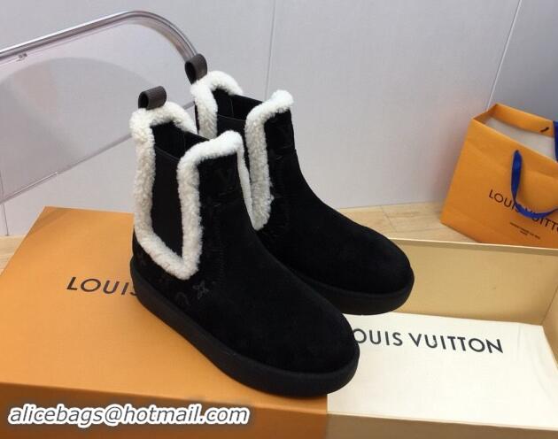 Perfect Louis Vuitton Aspen Chelsea Ankle Boots in Monogram Suede and Shearling Wool 1ADC7D Black 114076