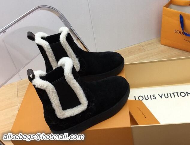 Perfect Louis Vuitton Aspen Chelsea Ankle Boots in Monogram Suede and Shearling Wool 1ADC7D Black 114076