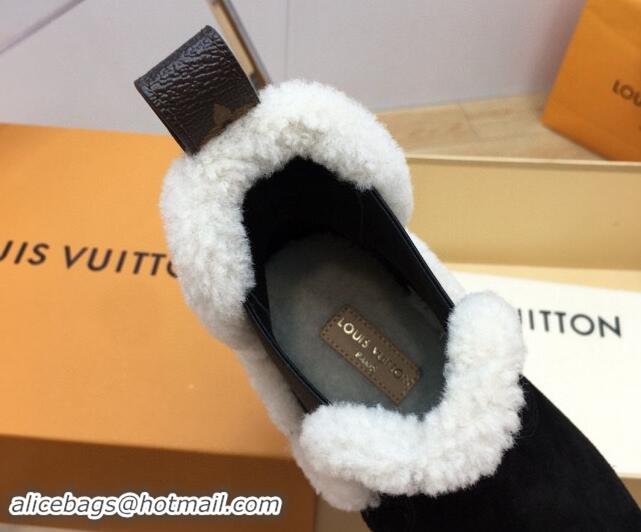 Perfect Louis Vuitton Aspen Chelsea Ankle Boots in Monogram Suede and Shearling Wool 1ADC7D Black 114076