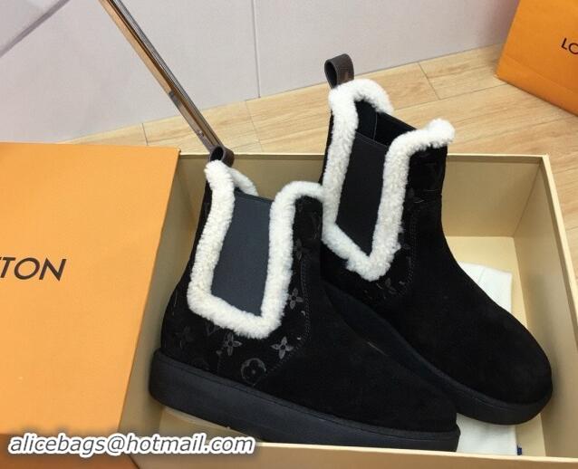 Perfect Louis Vuitton Aspen Chelsea Ankle Boots in Monogram Suede and Shearling Wool 1ADC7D Black 114076